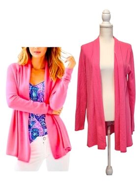 Lilly Pulitzer Cashmere Open Front Raw Edge Bubblegum Pink Cardigan Sweater Sz L